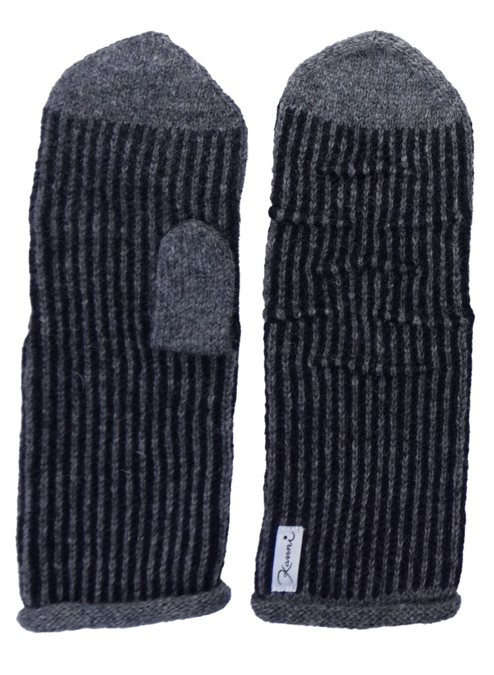 r-57-eha-wool-mittens-cord-pleats-stripe-pattern-front Wool mittens with cord pleats and stripe pattern - Image 1