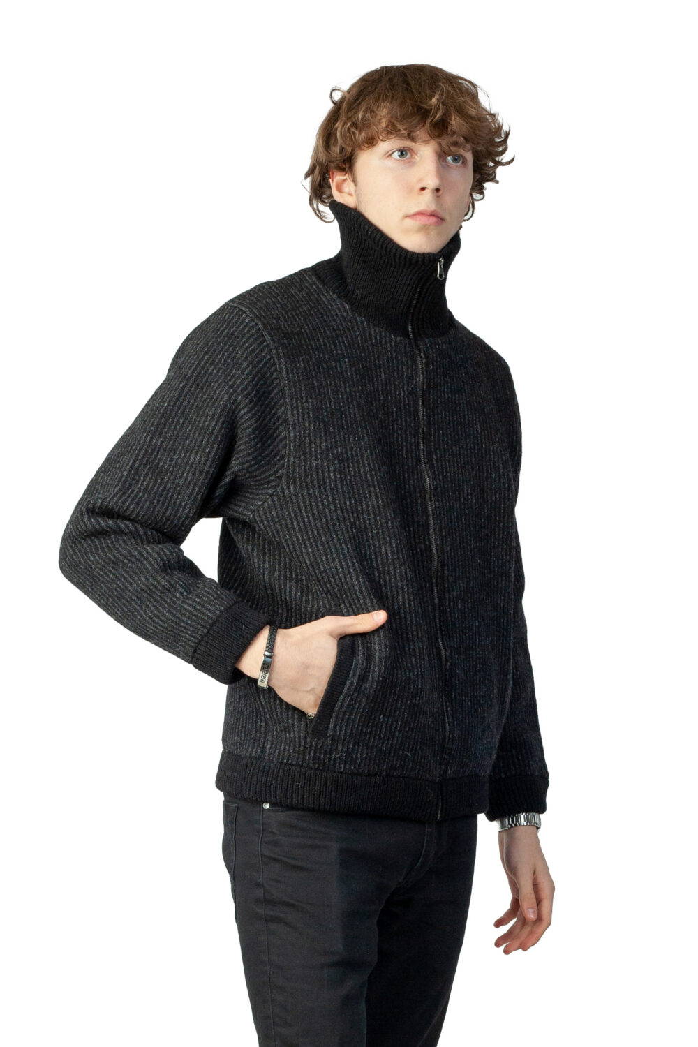 Unisex wool jacket with stripes collar and lining - Image 4