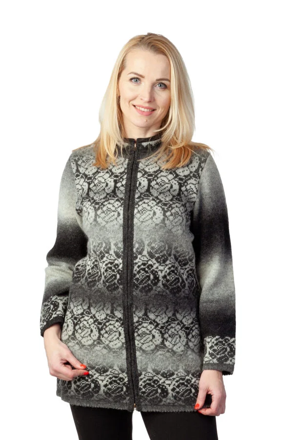Wool cardigan with collar and rose pattern