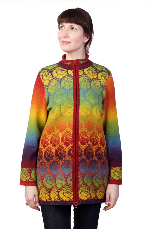 Wool cardigan with collar and rose pattern