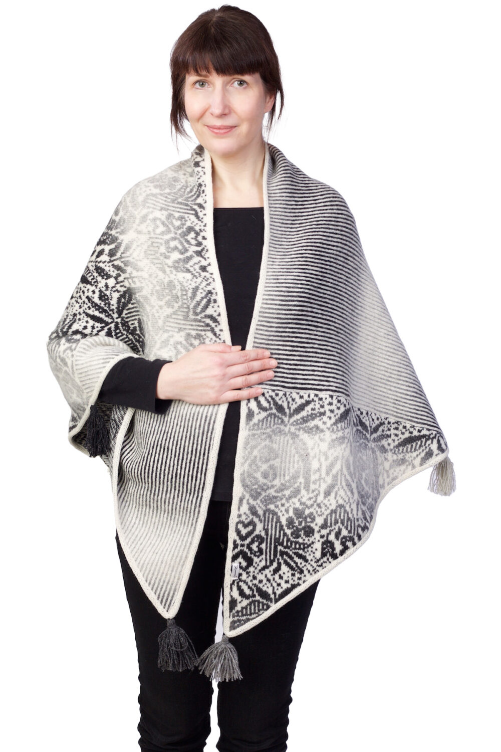 t-536-ec-wool-triangle-shawl-flowers-stripes-front Wool triangle shawl with flowers and stripes - Image 1
