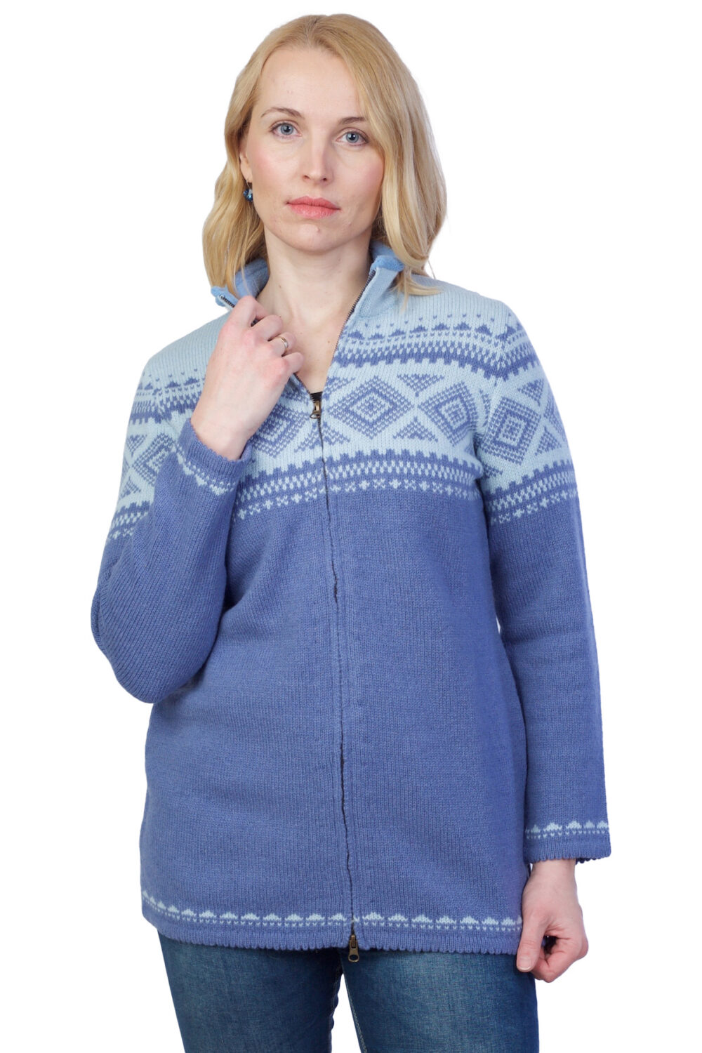 t-558-dd3-wool-cardigan-nordic-patterns-collar-front Wool cardigan with Nordic patterns and collar - Image 1