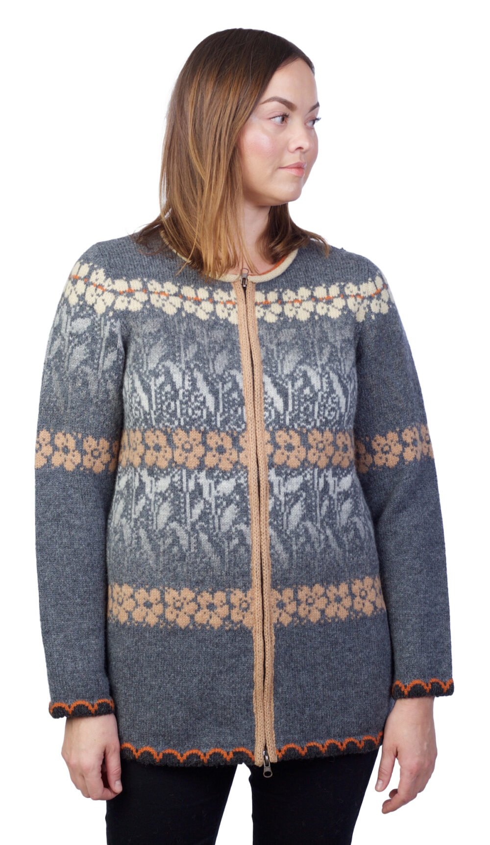 t-570-hh5-wool-cardigan-floral-pattern-zipper-front Wool cardigan with floral pattern and zipper - Image 1