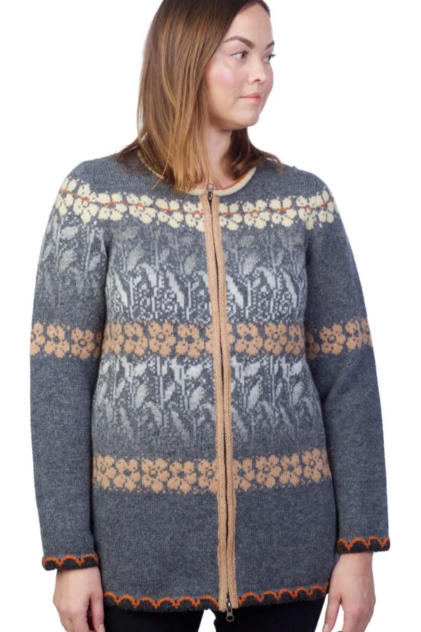 Wool cardigan with floral pattern and zipper