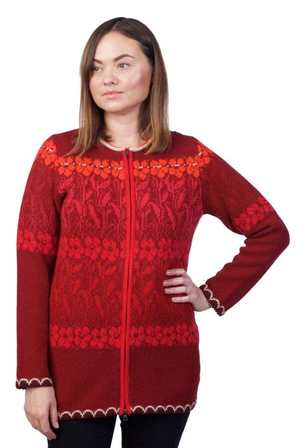 Wool cardigan with floral pattern and zipper