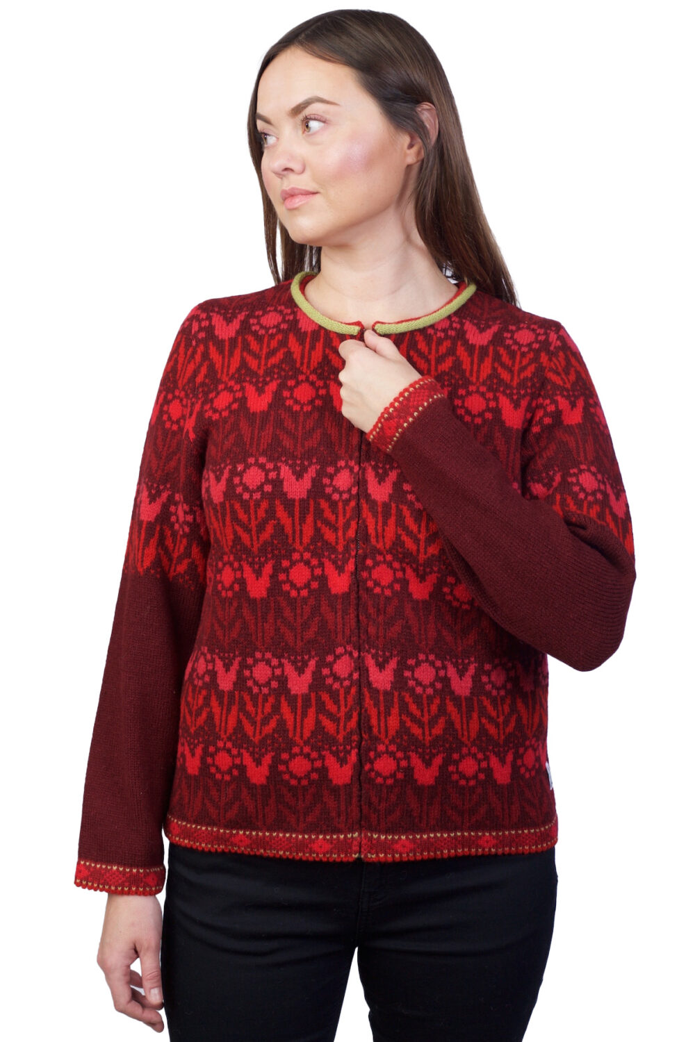 t-580-mm1-short-wool-cardigan-tulip-pattern-front Short wool cardigan with tulip pattern - Image 1
