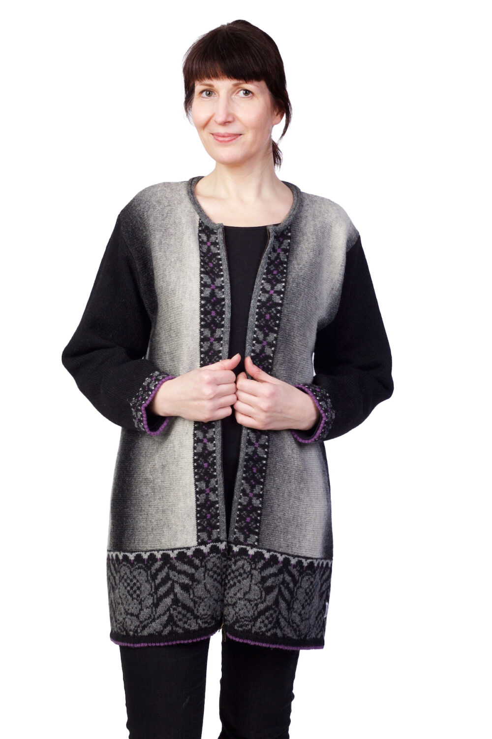 Wool cardigan with vertical flower pattern - Image 1