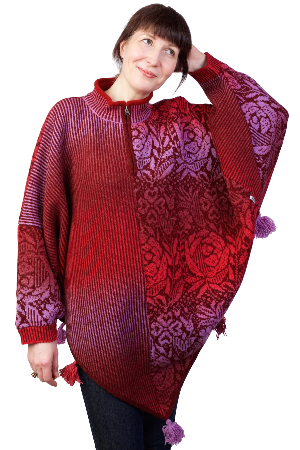 t-584-eg-wool-triangle-poncho-half-zipper-front Dreieckiger Wollponcho mit halbem Reißverschluss