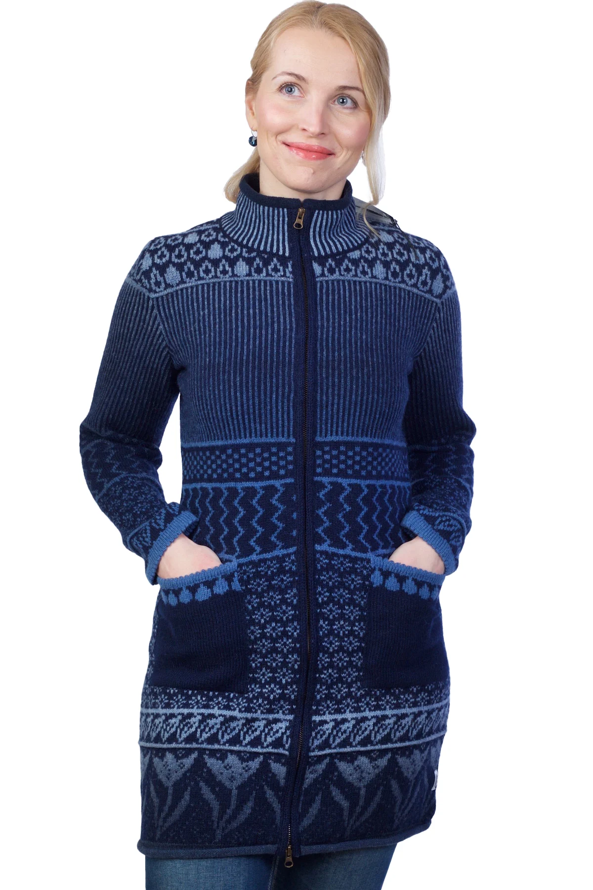 t-605-es-wool-cardigan-weather-patterns-pockets-zipper-front Strickjacke aus Wolle mit Wettermustern, Taschen und Reißverschluss