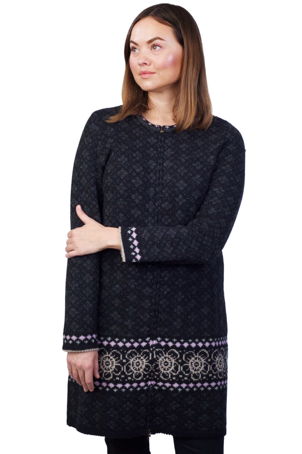 t-606-cc-long-wool-floral-patterned-cardigan-zipper-front Long wool floral-patterned cardigan with a zipper - Image 1
