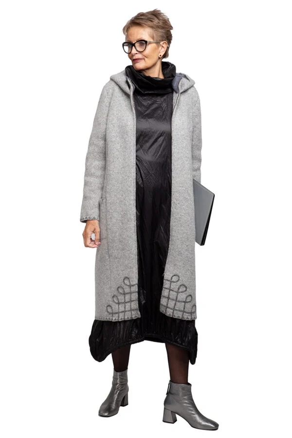 Langer Wollmantel mit Taschen und Kapuze – Asphaltgrau