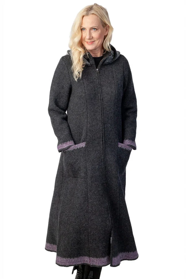 Long wool coat with pockets and a Tree of Life patterned hood