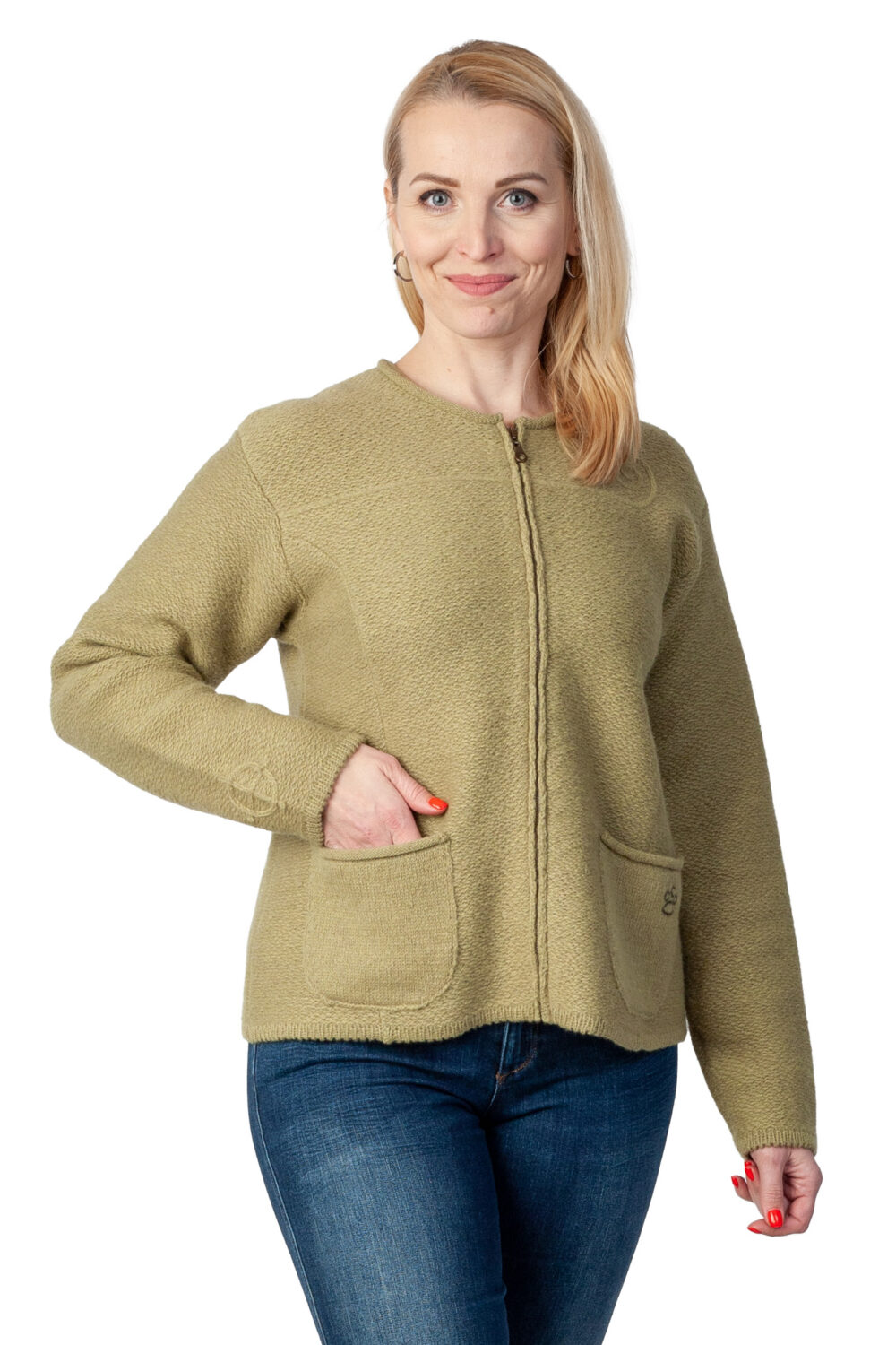 t-637-uu1-short-wool-cardigan-paw-print-pockets-front Short wool cardigan with a paw print and pockets - Image 1