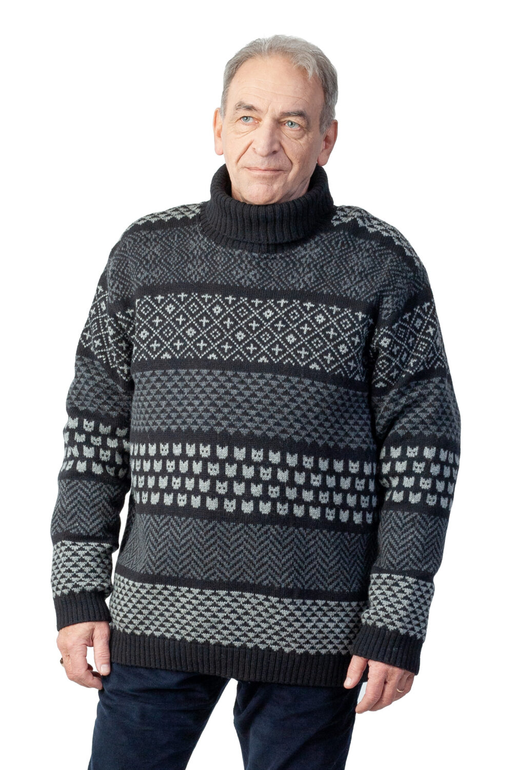 Merino wool turtleneck pullover with cat patterns - Image 2