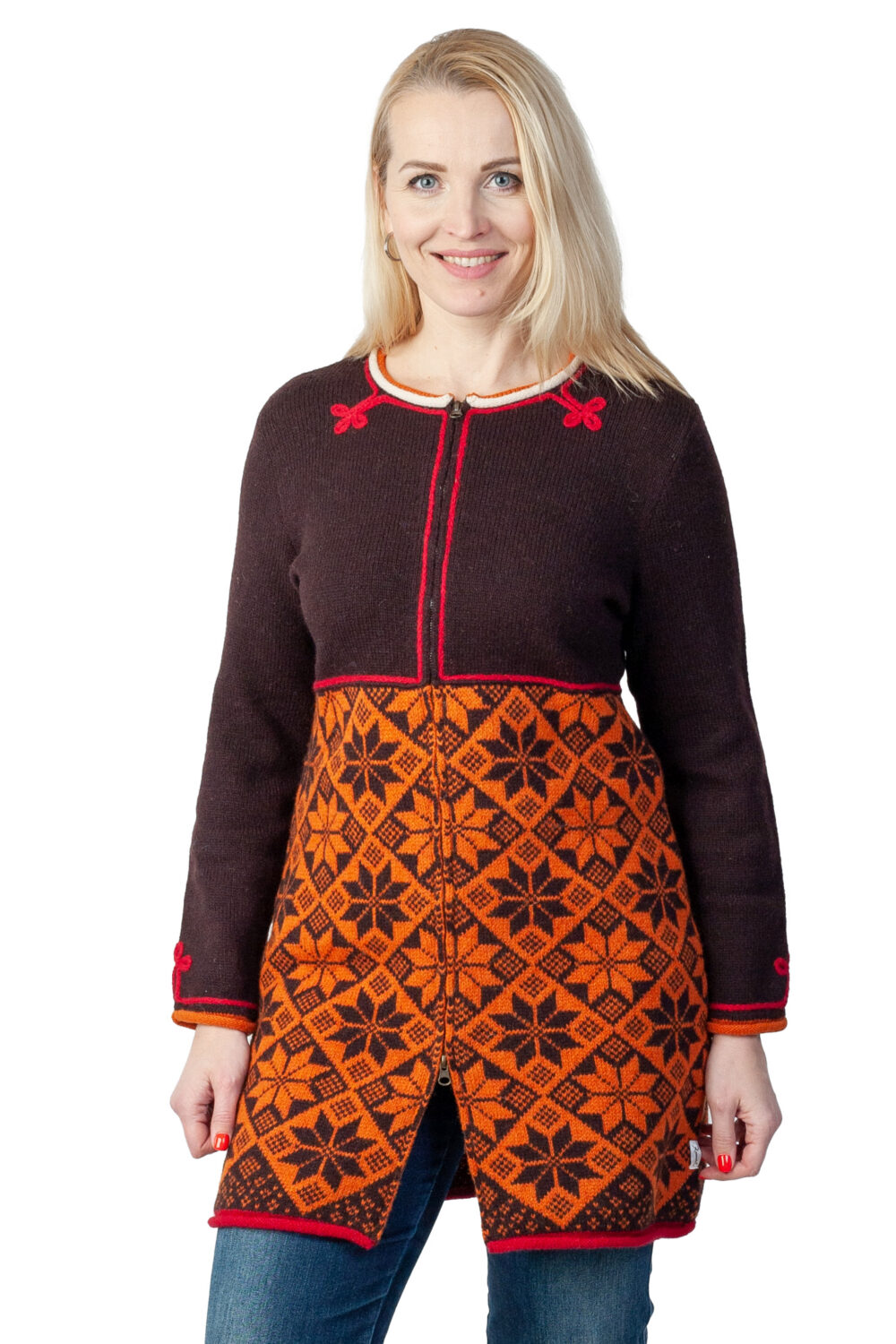 v-01-pp2-long-wool-cardigan-mulgi-pattern-front Long wool cardigan with Mulgi pattern - Image 1