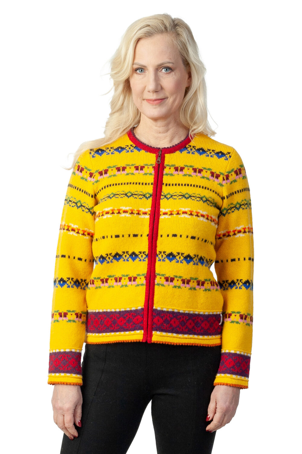 v-03-kk1-wool-cardigan-muhu-skirt-pattern-front Wool cardigan with Muhu skirt pattern - Image 1