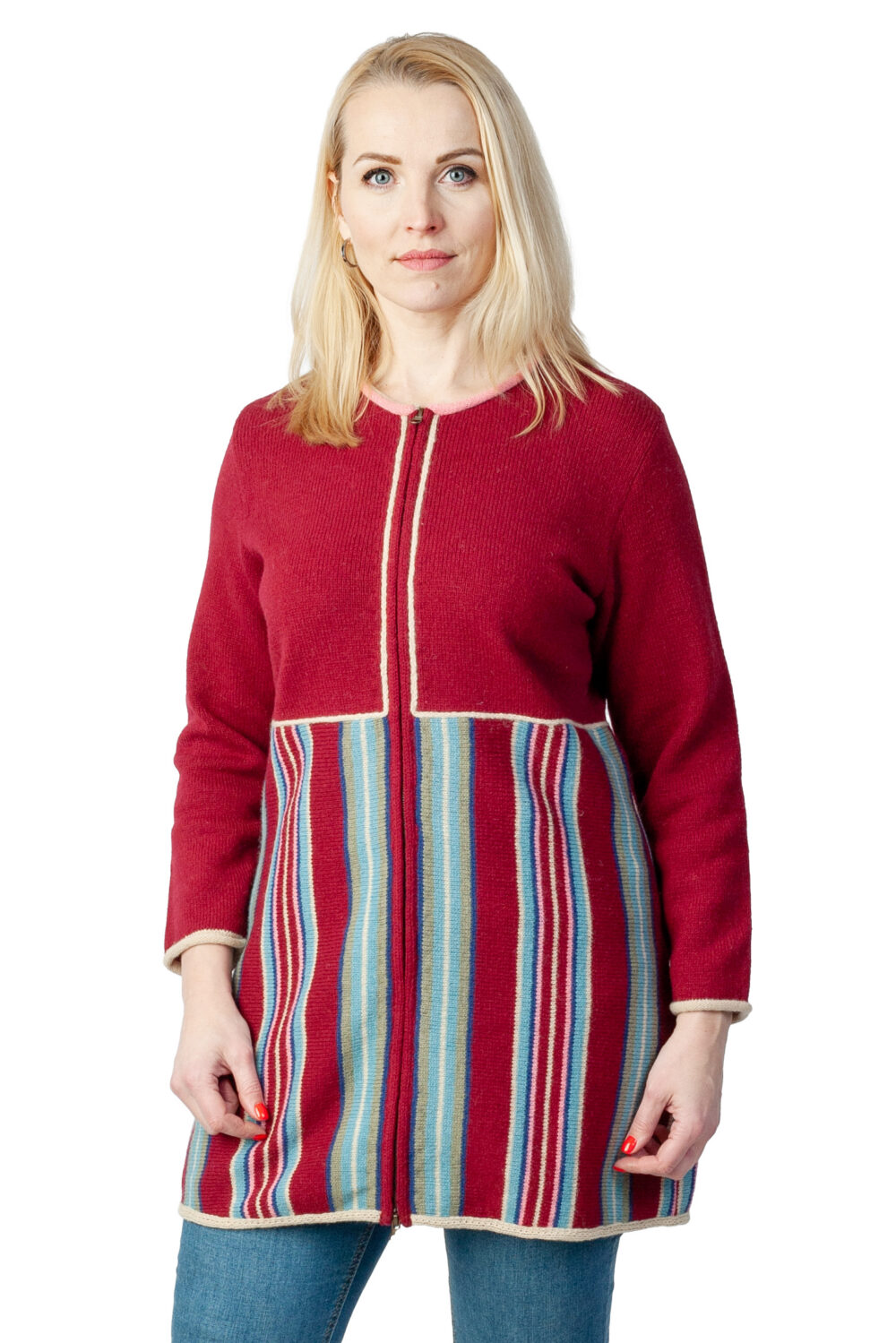 v-04-mm2-wool-cardigan-folk-skirt-stripe-pattern-front Wool cardigan with folk skirt stripe pattern - Image 1