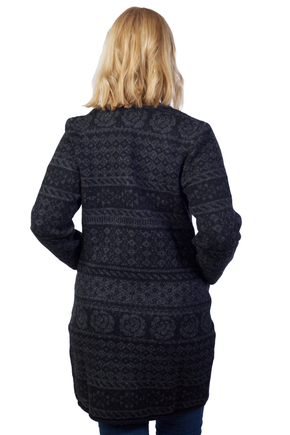 Long wool cardigan with traditional patterns and pockets - Image 2