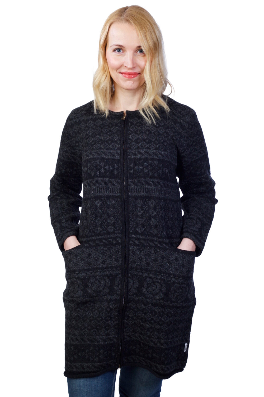 v-19-cc-long-wool-cardigan-traditional-patterns-pockets-front Long wool cardigan with traditional patterns and pockets - Image 1