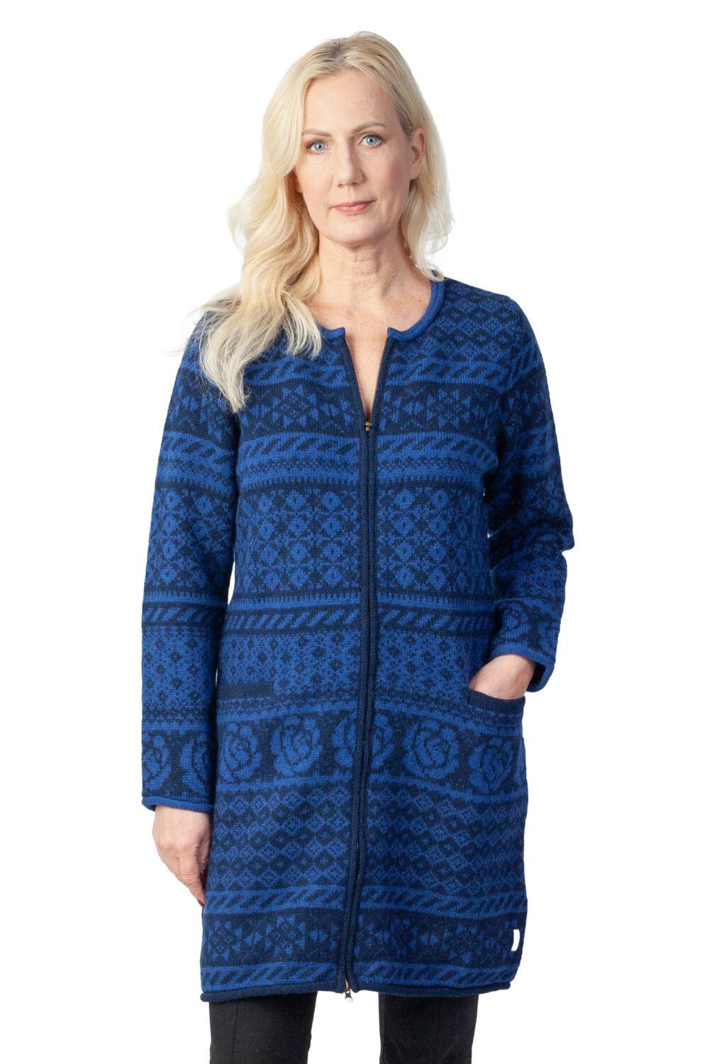 Long wool cardigan with traditional patterns and pockets - Image 2
