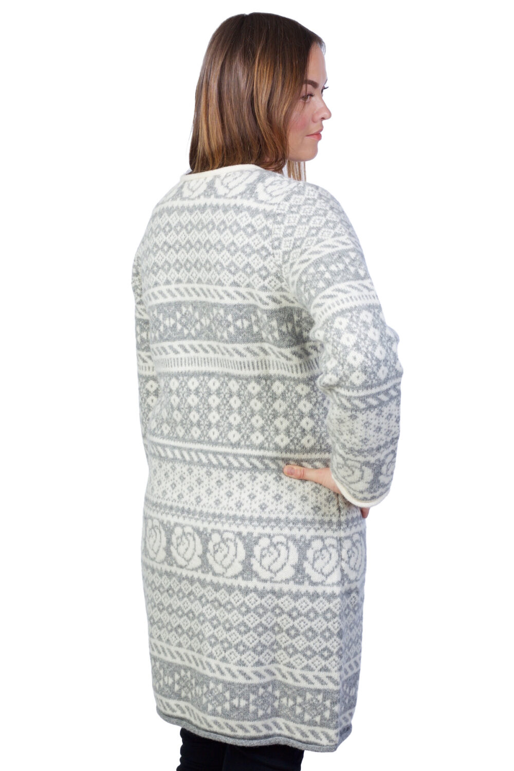 Long wool cardigan with traditional patterns and pockets - Image 2