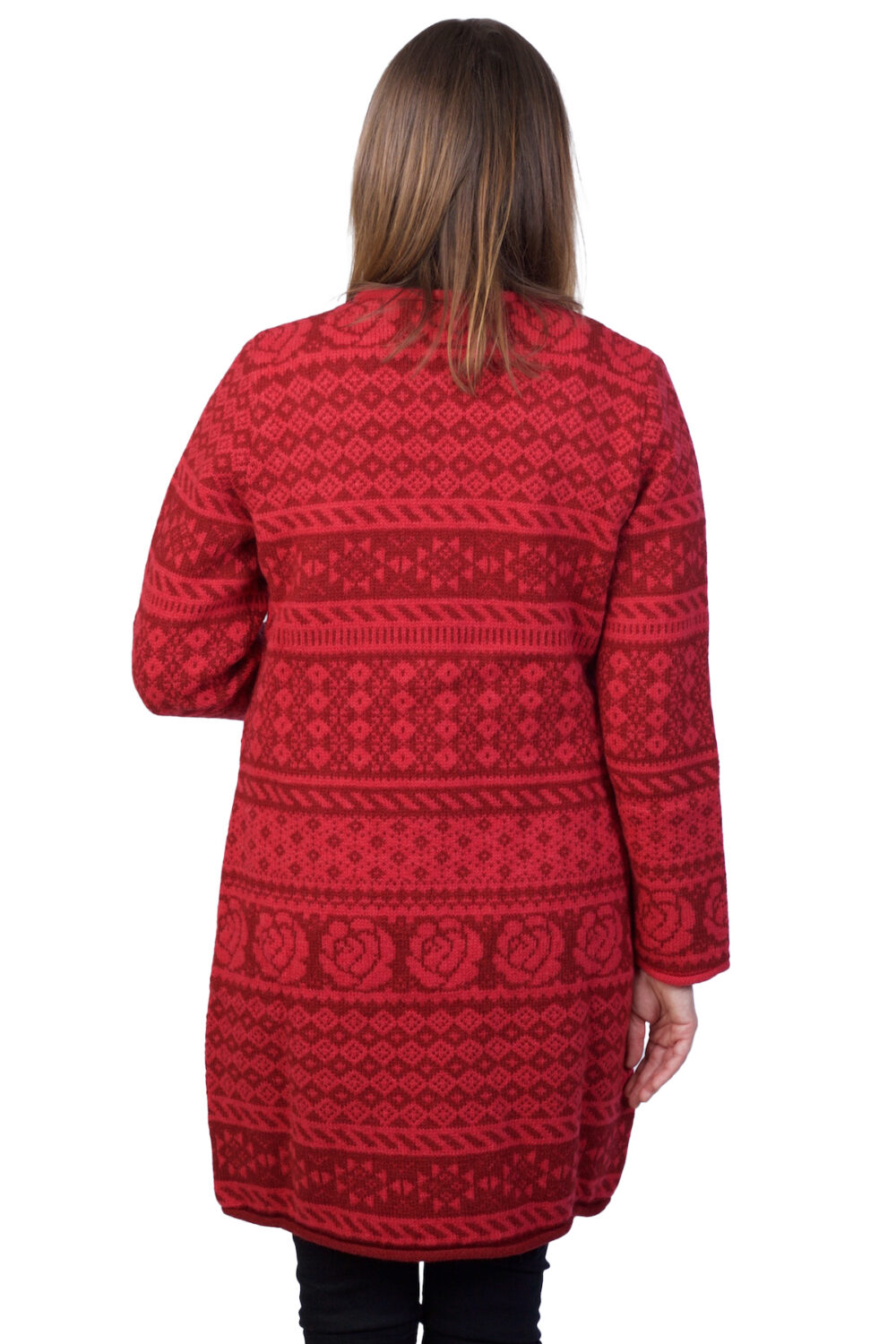 Long wool cardigan with traditional patterns and pockets - Image 2