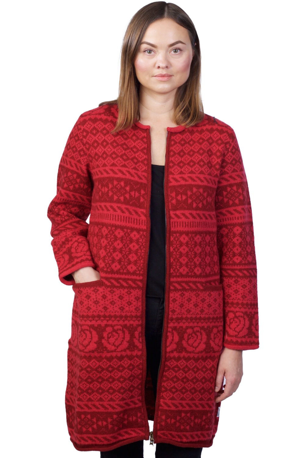 v-19-mm2-long-wool-cardigan-traditional-patterns-pockets-front Long wool cardigan with traditional patterns and pockets - Image 1