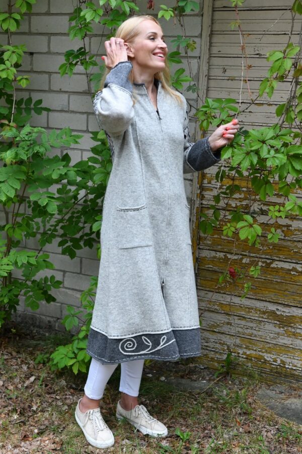 Long wool coat with Tree of Life pattern and pockets