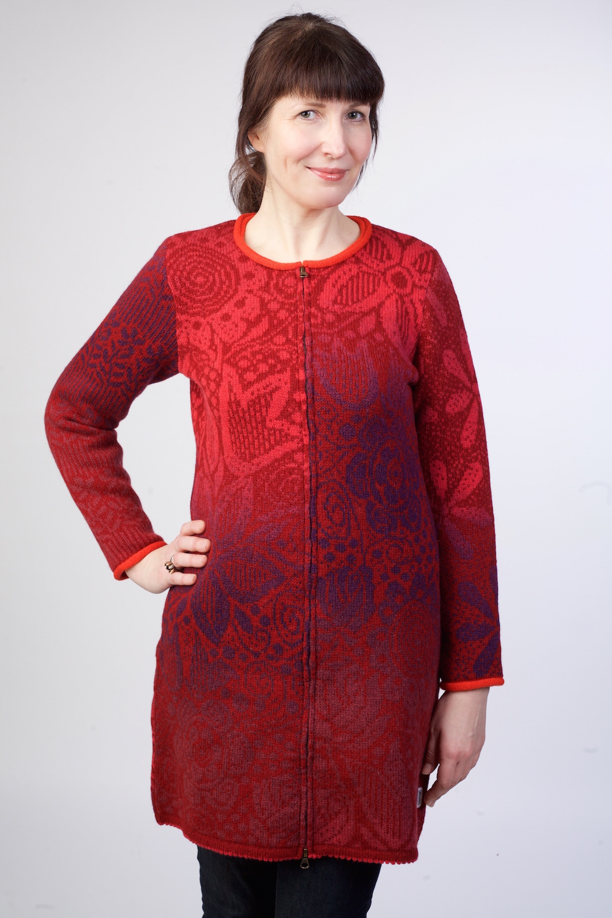T-555 EY Long wool cardigan with flower patterns - Image 1