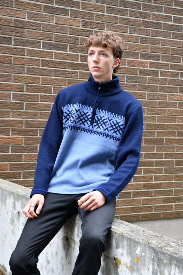 Wool men's pullover with short zipper and power symbols