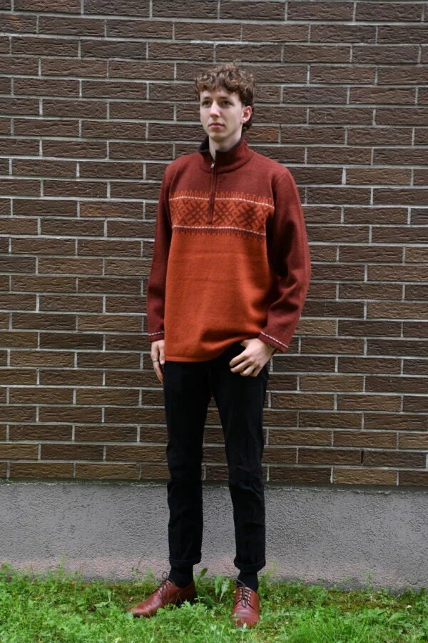 Herren-Wollpullover mit kurzem Reißverschluss und Kraftsymbolen