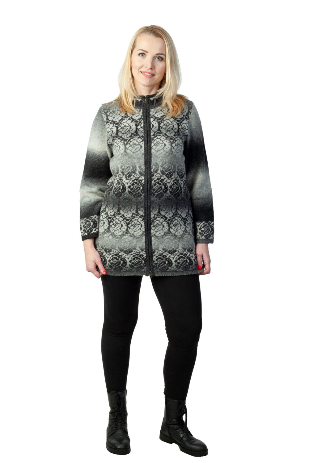 Wool cardigan with collar and rose pattern - Image 2