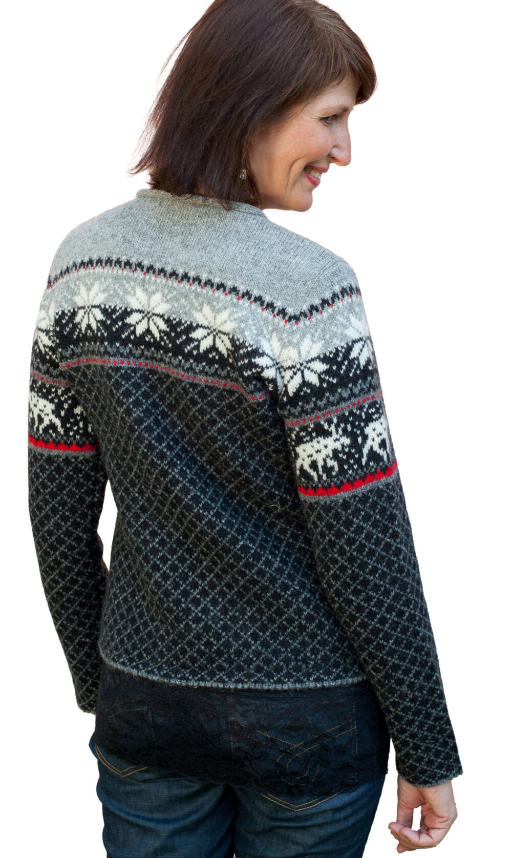 Short wool cardigan with snowflakes and reindeer - Image 2