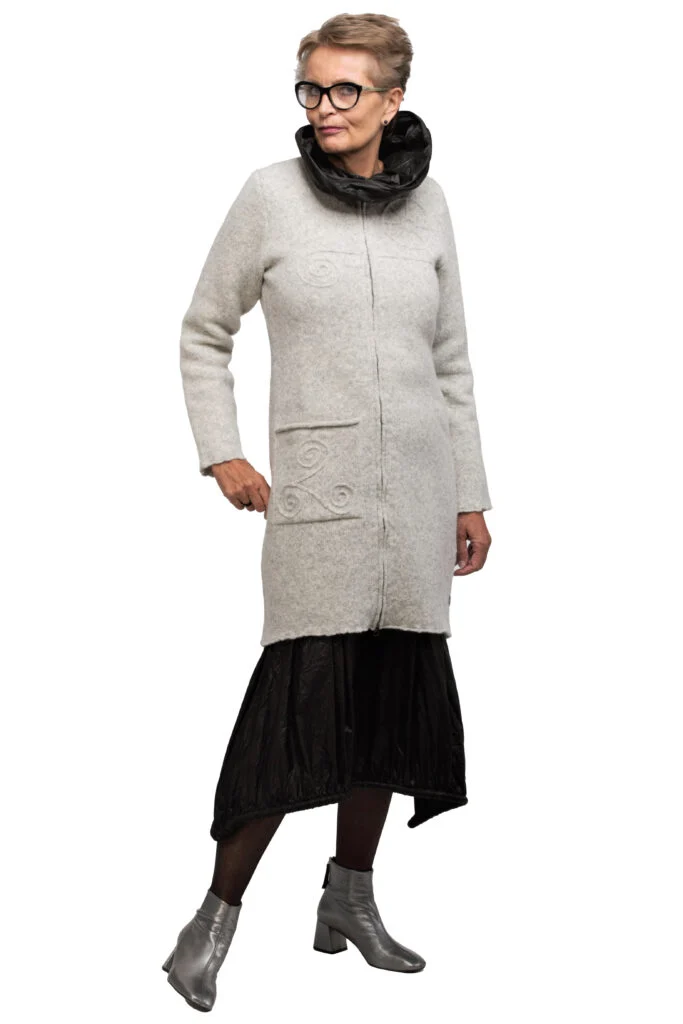 Long wool cardigan with power symbols and a pocket