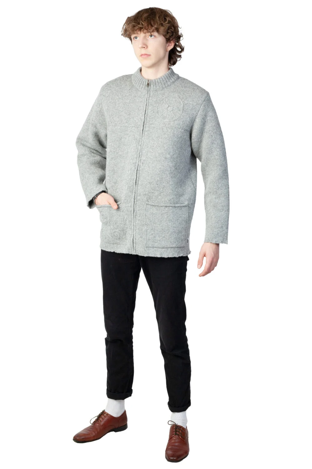Uldcardigan med kraftsymboler og lommer