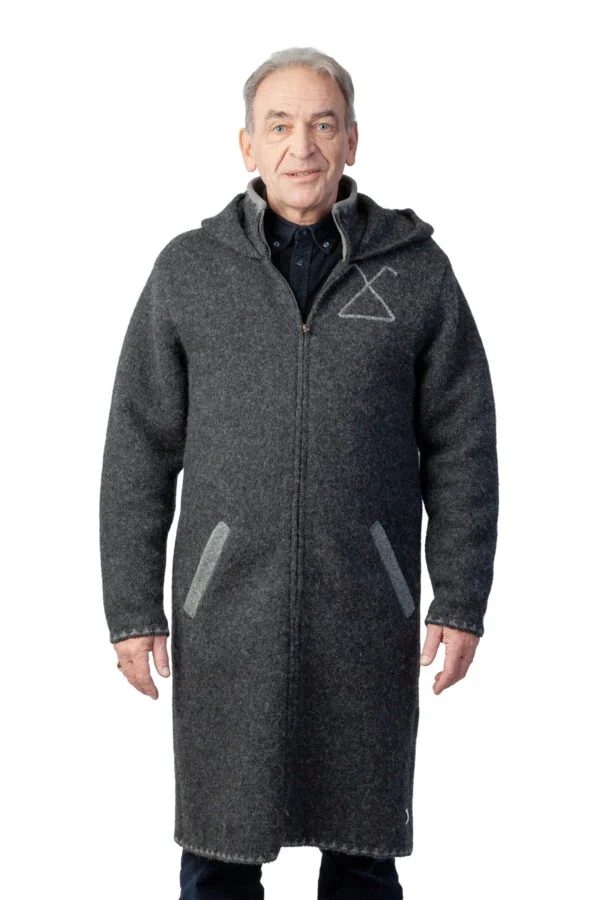 Langer Wollmantel mit Kapuze und Taschen