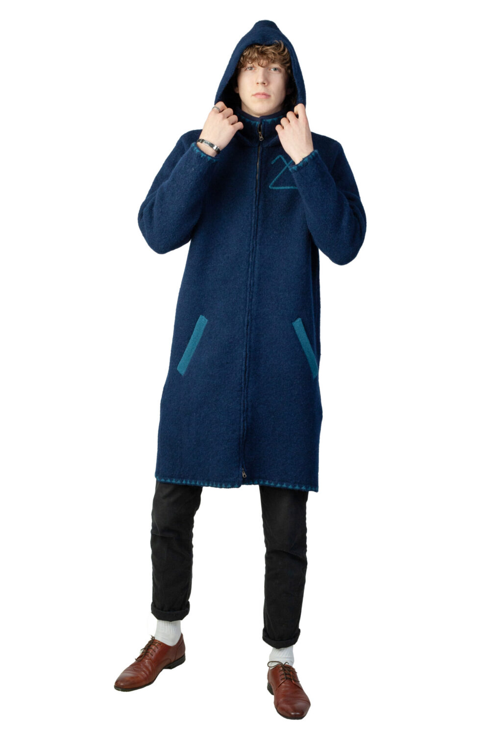 Long wool coat with a hood and pockets - Image 2