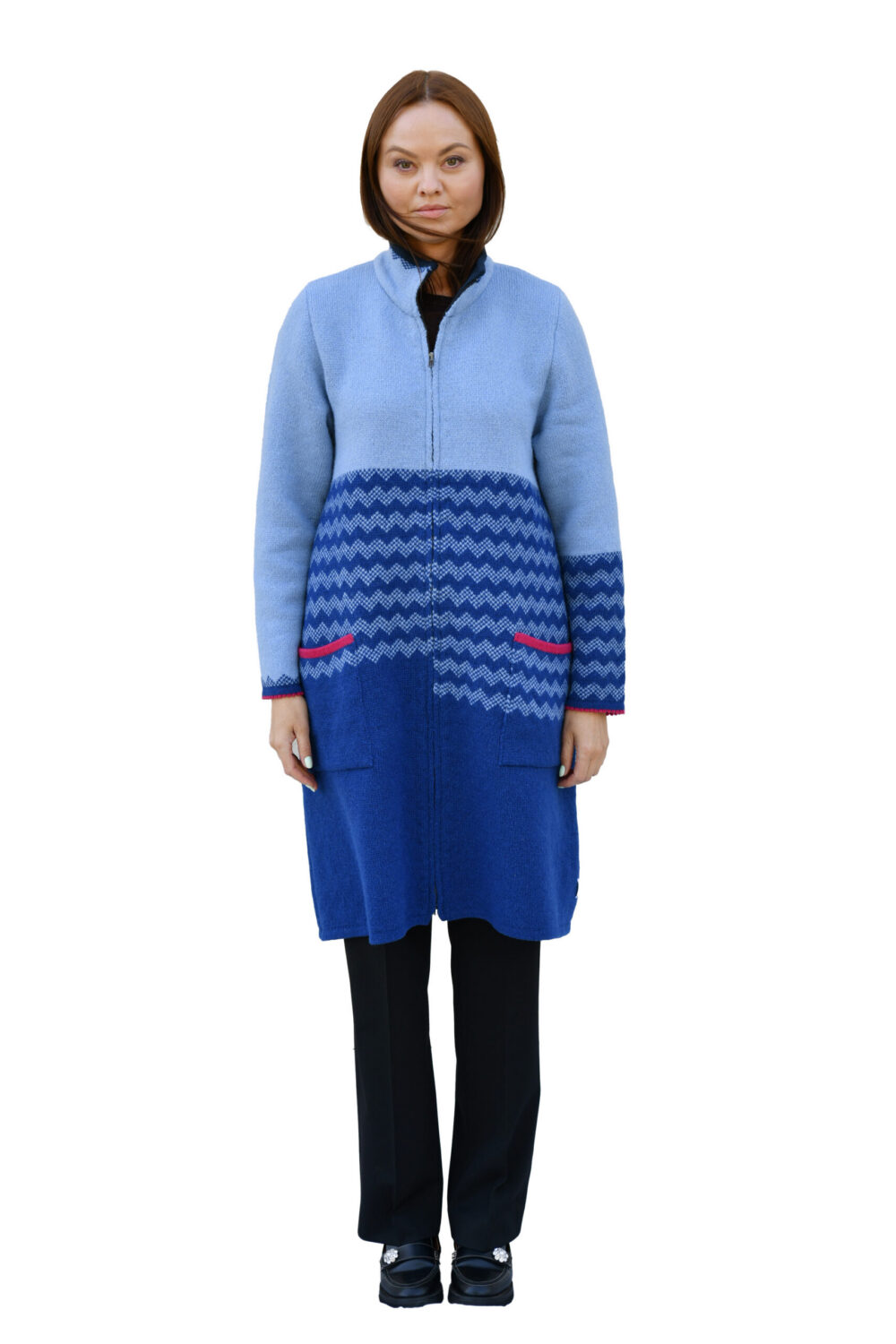 Long wool cardigan with a zigzag pattern and a stand-up collar - Image 2