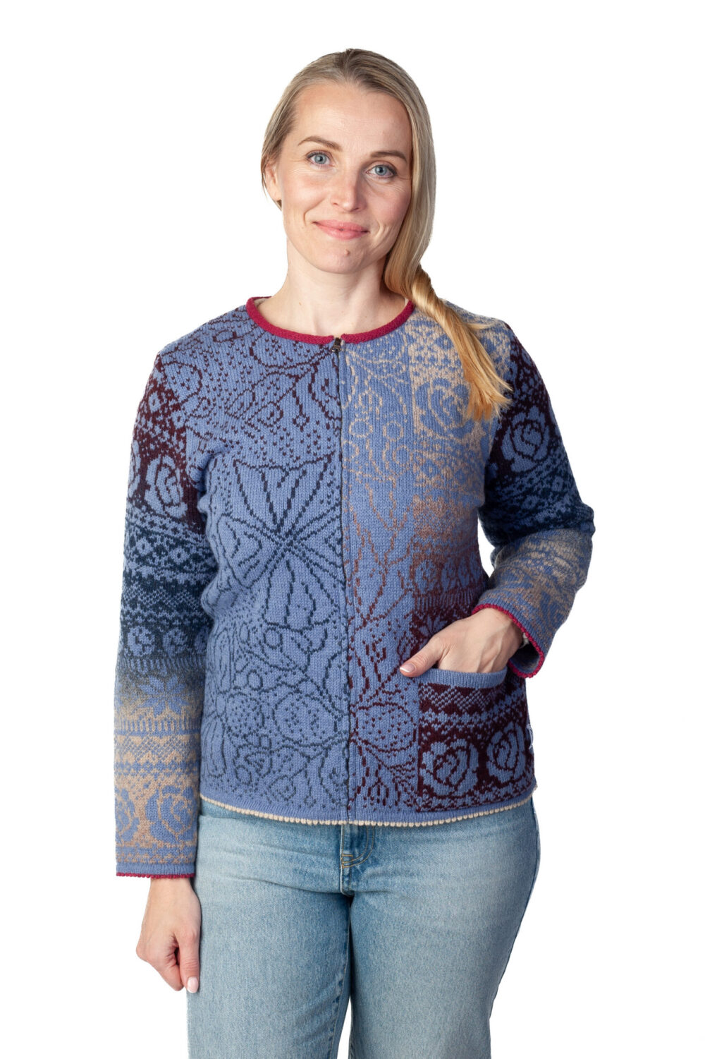 t-658-dd3-short-wool-cardigan-tree-of-life-flower-pattern-pocket-front-2.jpg Short wool cardigan with Tree of Life flower pattern and pocket - Image 1
