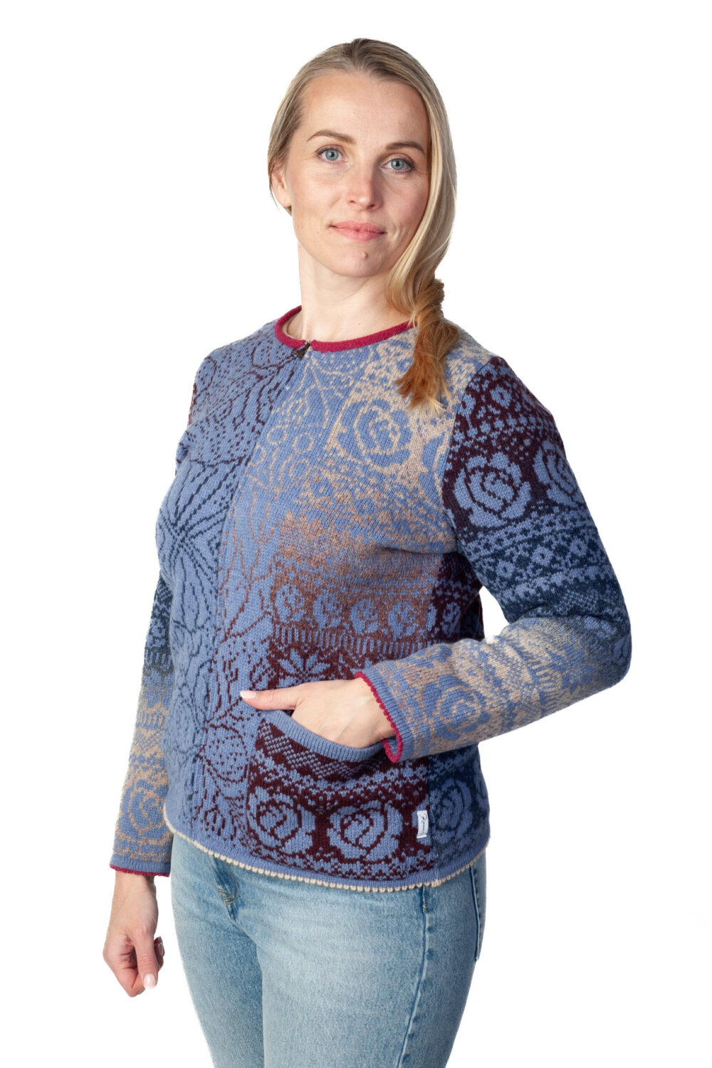 Short wool cardigan with Tree of Life flower pattern and pocket - Image 3