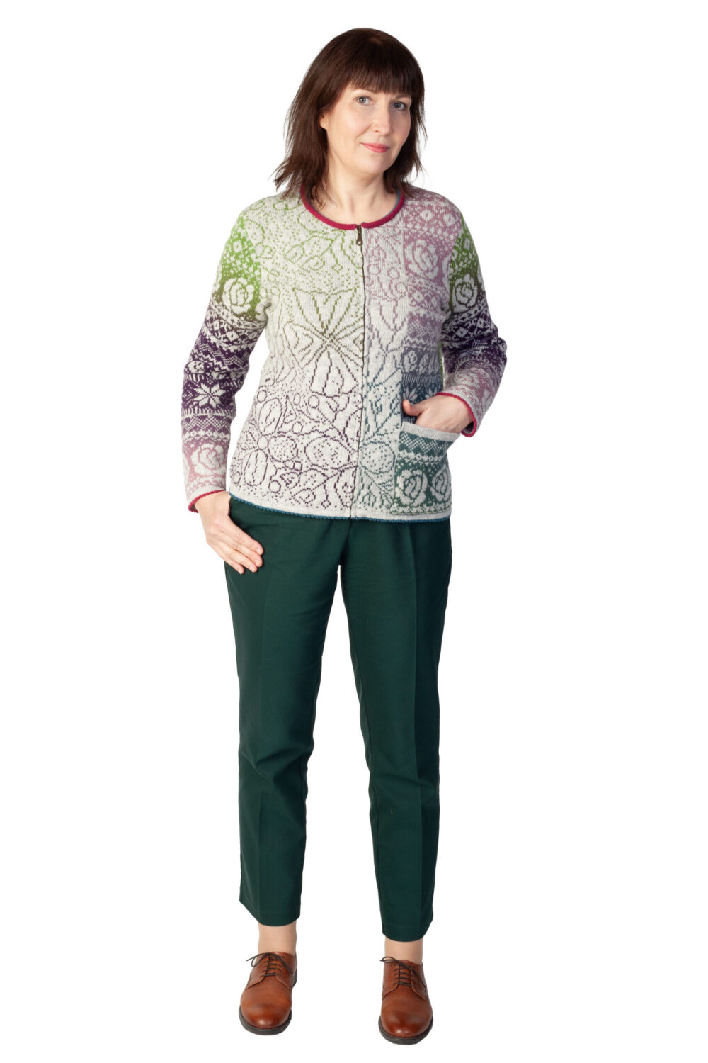 t-658-hh1-short-wool-cardigan-tree-of-life-flower-pattern-pocket-front2-2.jpg Short wool cardigan with Tree of Life flower pattern and pocket - Image 1