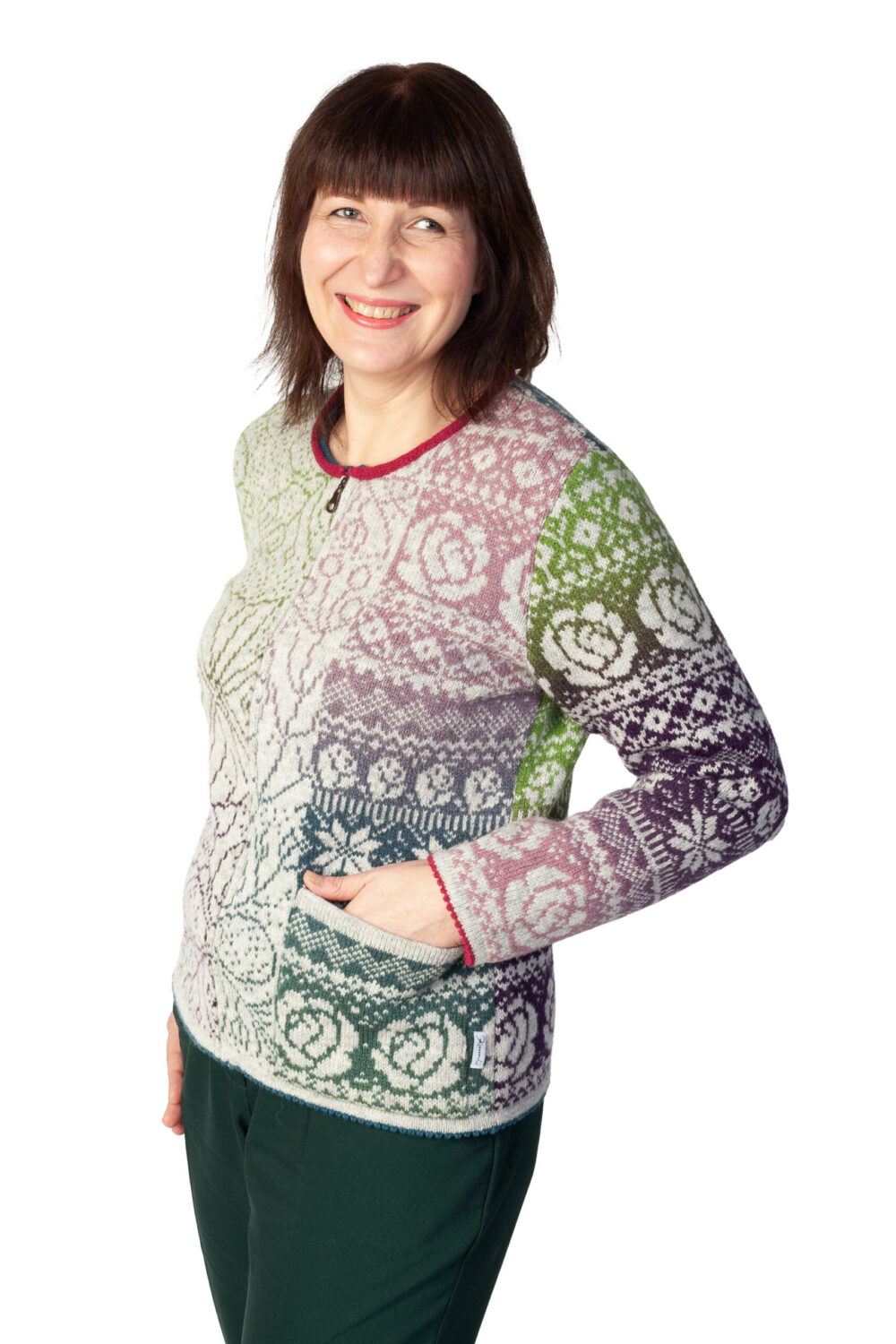 Short wool cardigan with Tree of Life flower pattern and pocket - Image 3
