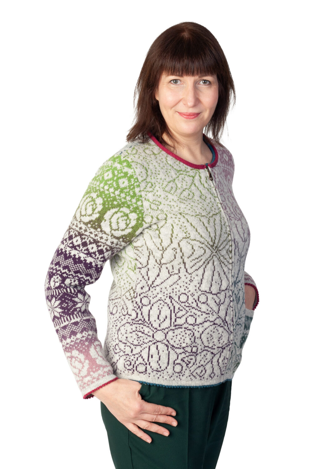 Short wool cardigan with Tree of Life flower pattern and pocket - Image 4