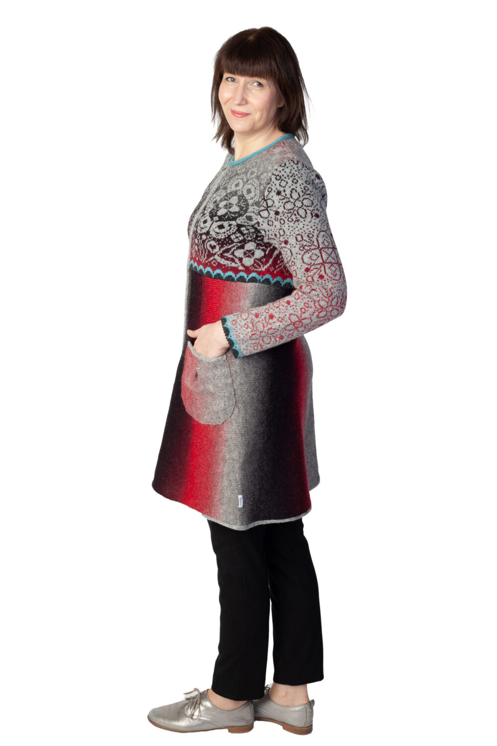 Long wool cardigan with pockets and Tree of Life flower - Image 3