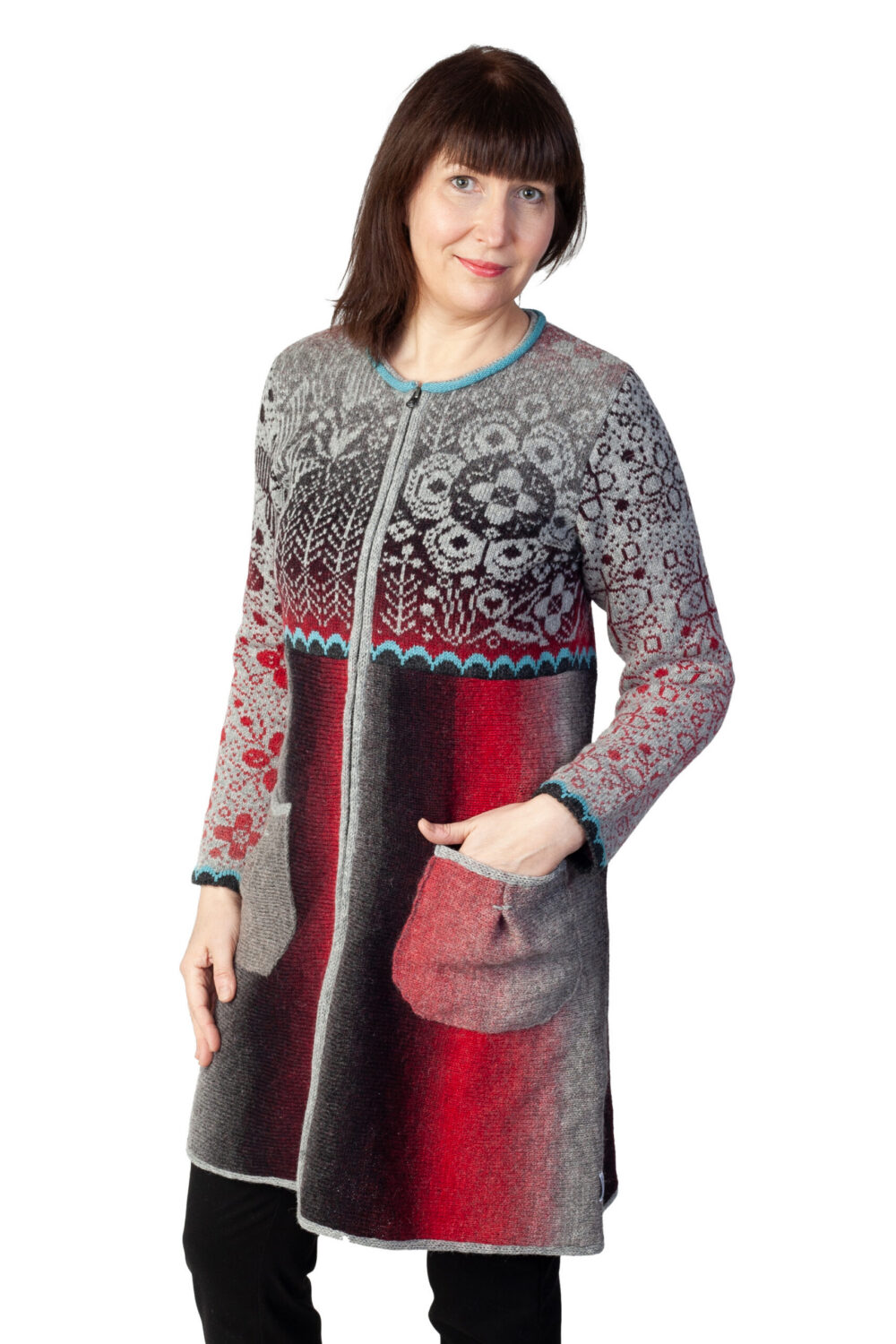 Long wool cardigan with pockets and Tree of Life flower - Image 4