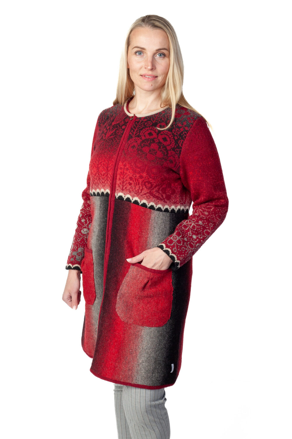 Long wool cardigan with pockets and Tree of Life flower - Image 3