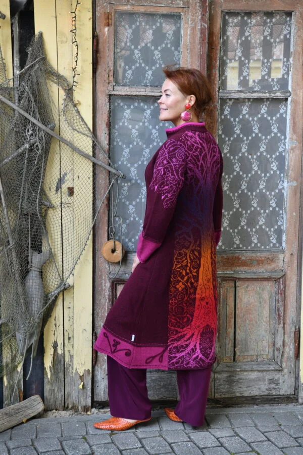 Long wool coat with Tree of Life pattern and pockets