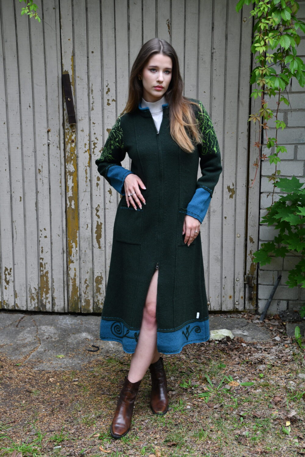 Long wool coat with Tree of Life pattern and pockets - Image 1
