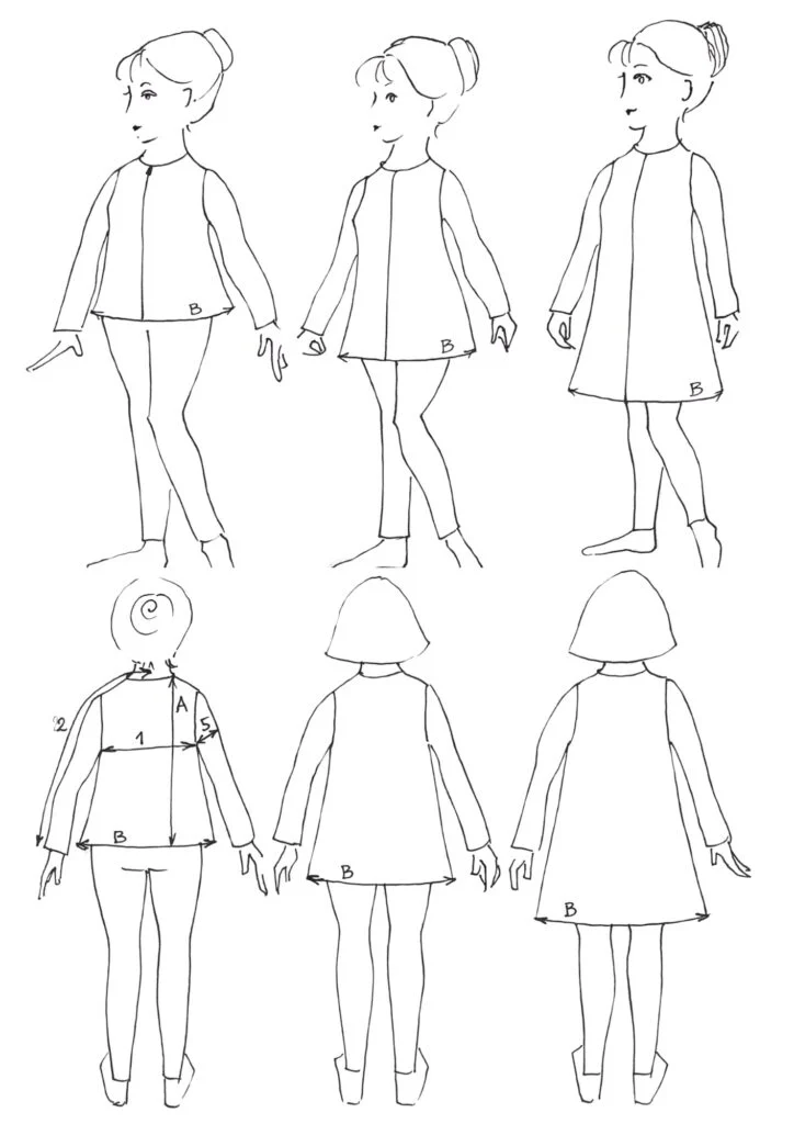 Kauni size guide drawing – A-line cardigan measurements