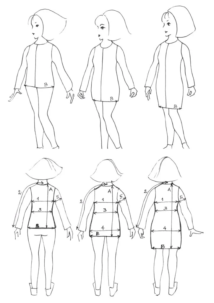 Kauni size guide drawing – women's cardigan measurements